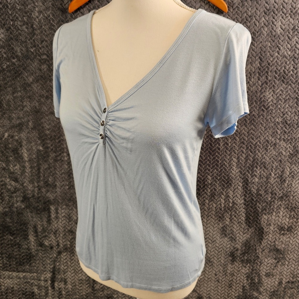 American Eagle Soft & Sexy‎ V Neck Ruched Henley T Shirt Light Blue Women's M